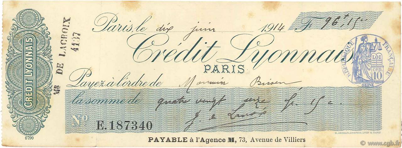 96,15 Francs FRANCE regionalism and miscellaneous Paris 1914 DOC.Chèque XF