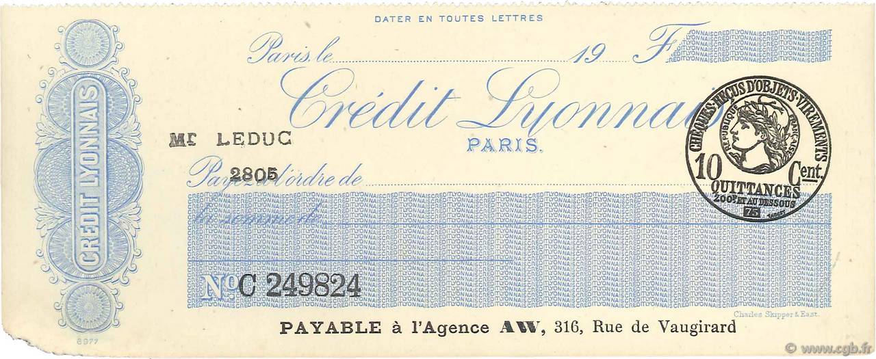 Francs FRANCE regionalism and various Paris 1915 DOC.Chèque XF