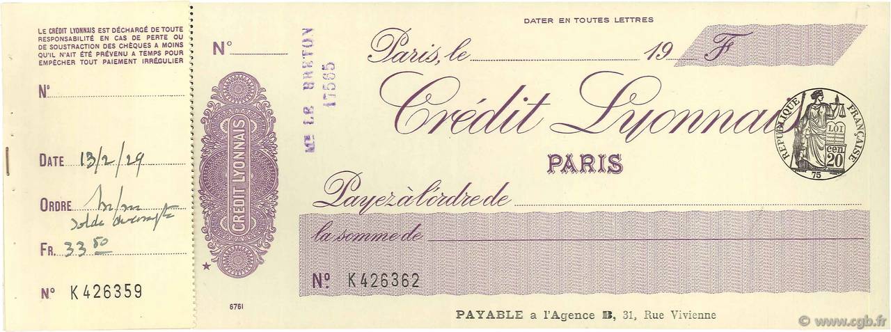 Francs FRANCE régionalisme et divers Paris 1929 DOC.Chèque SPL