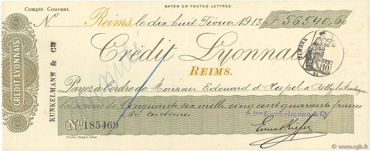 56540,60 Francs Annulé FRANCE regionalismo y varios Reims 1913 DOC.Chèque EBC