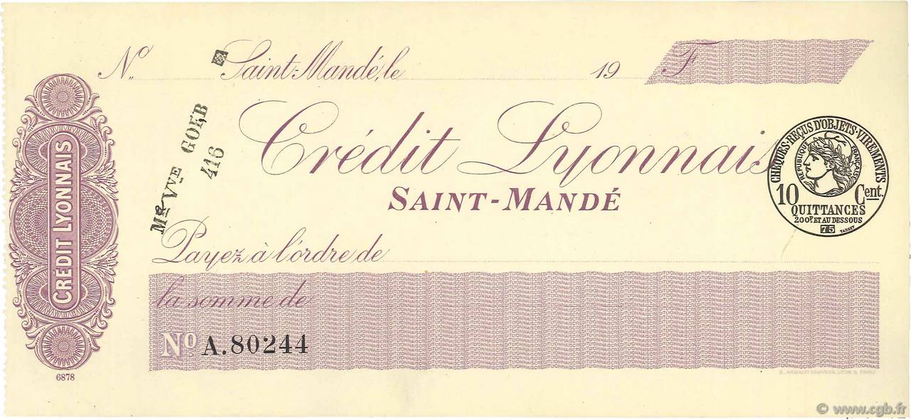 Francs FRANCE régionalisme et divers Saint-Mandé 1915 DOC.Chèque SPL