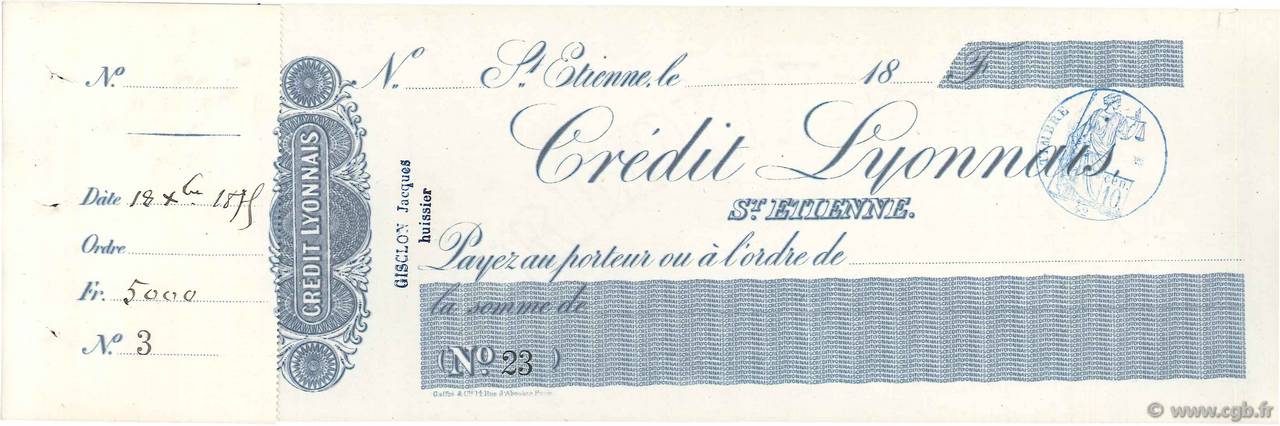 Francs FRANCE régionalisme et divers St.Étienne 1875 DOC.Chèque SPL