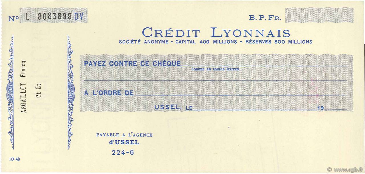 Francs FRANCE regionalismo y varios Ussel 1930 DOC.Chèque EBC