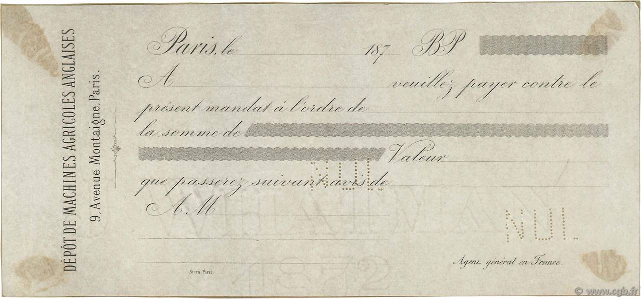 Francs Non émis FRANCE regionalismo e varie Paris 1872 DOC.Mandat BB