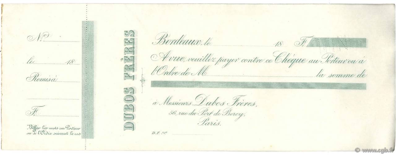 Francs Non émis FRANCE regionalism and various Bordeaux 1865 DOC.Chèque XF
