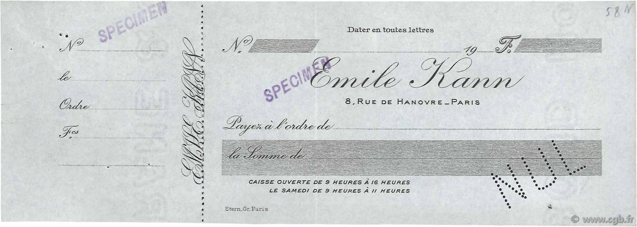 Francs Spécimen FRANCE régionalisme et divers Paris 1900 DOC.Chèque SUP