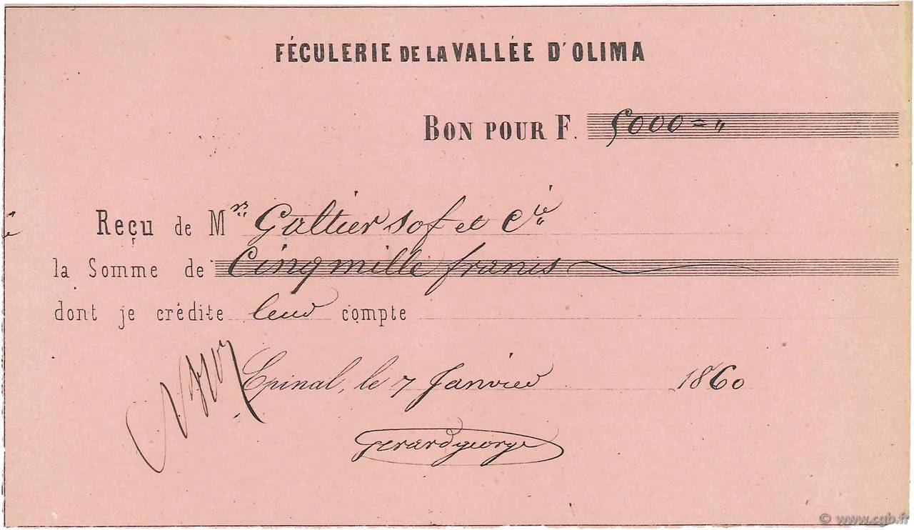 5000 Francs FRANCE régionalisme et divers Épinal 1860 DOC.Reçu TTB