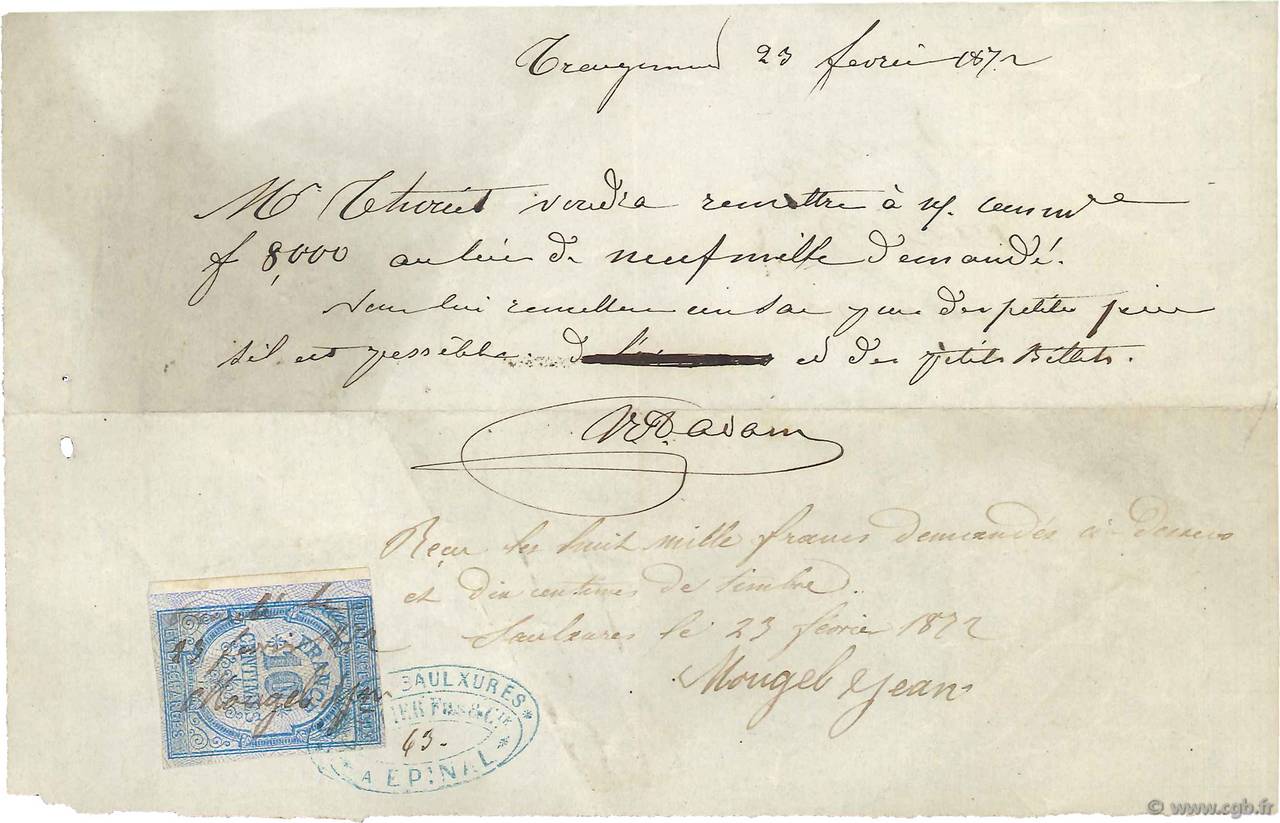 8000 Francs FRANCE régionalisme et divers Épinal 1887 DOC.Lettre TTB