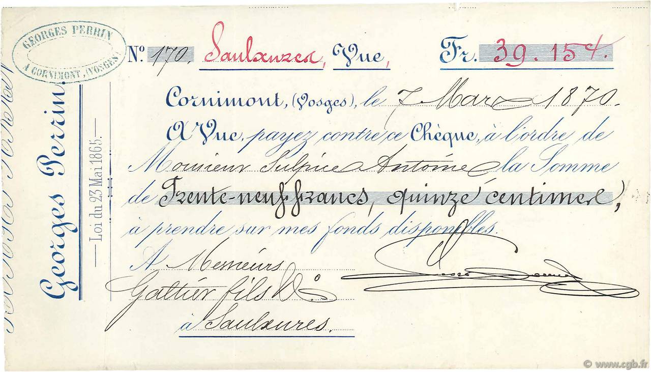 39,15 Francs FRANCE régionalisme et divers Cornimont 1870 DOC.Chèque SUP