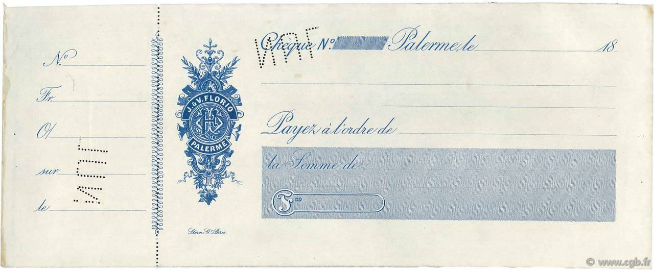 Francs Non émis FRANCE régionalisme et divers Palerme 1865 DOC.Chèque SUP