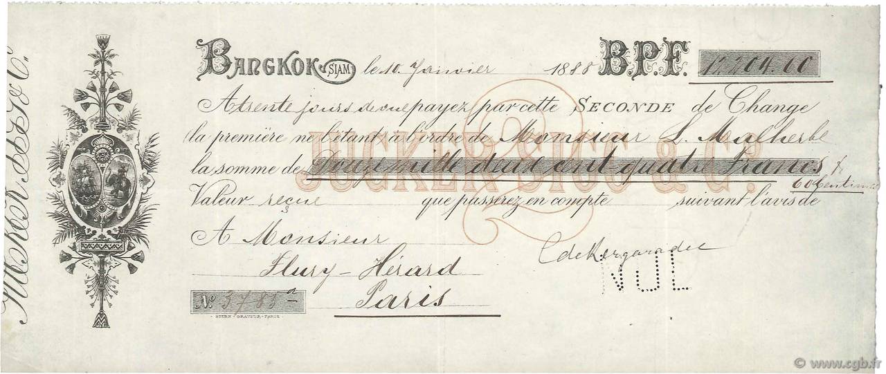 12204,60 Francs Non émis FRANCE régionalisme et divers Bangkok (Thaïlande) 1888 DOC.Lettre SUP