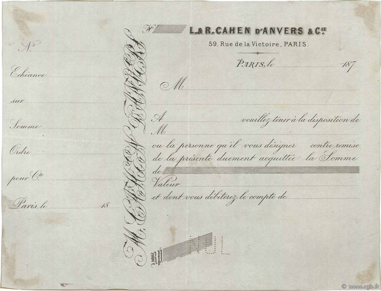 Francs Non émis FRANCE regionalismo y varios Paris 1870 DOC.Chèque MBC