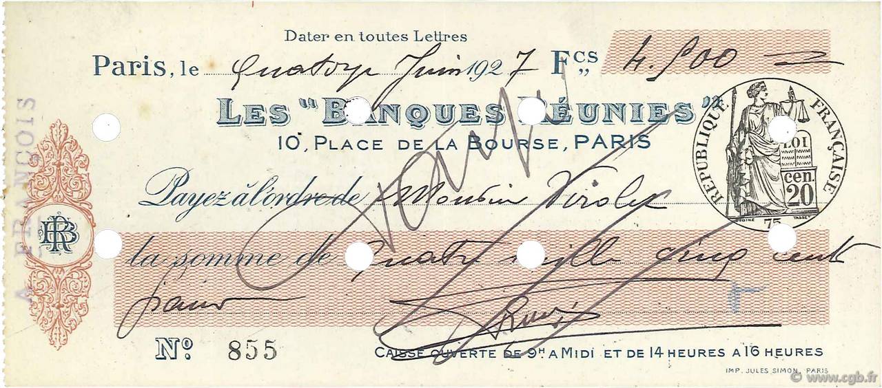 4500 Francs FRANCE regionalism and various Paris 1927 DOC.Chèque XF