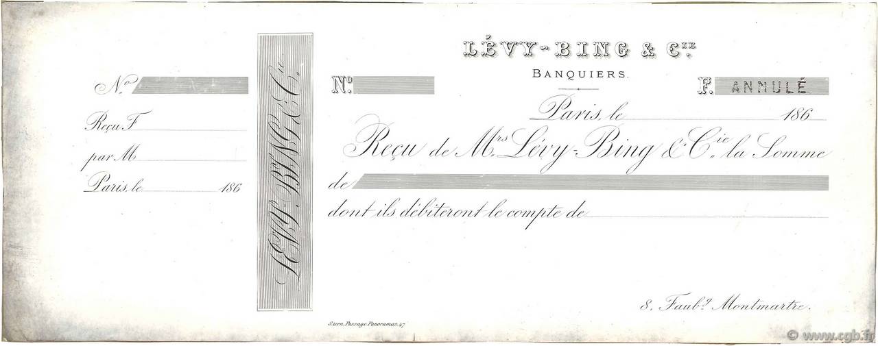 Francs Annulé FRANCE regionalism and miscellaneous Paris 1860 DOC.Reçu VF
