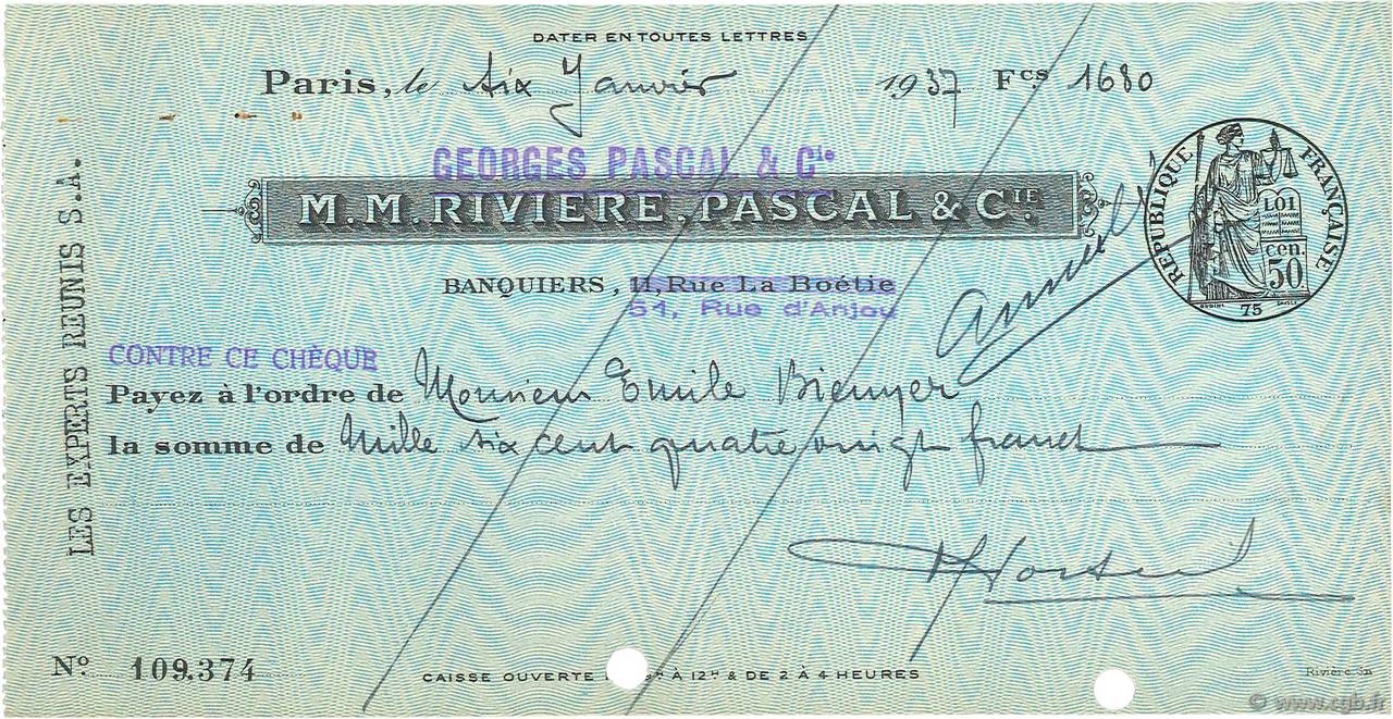 1680 Francs Annulé FRANCE regionalismo y varios Paris 1937 DOC.Chèque EBC