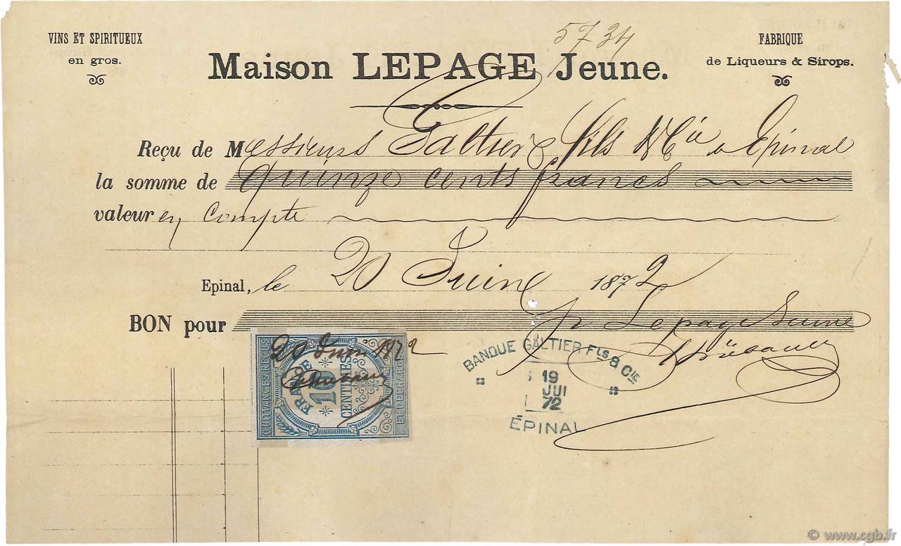 1500 Francs FRANCE regionalismo y varios Épinal 1872 DOC.Reçu BC