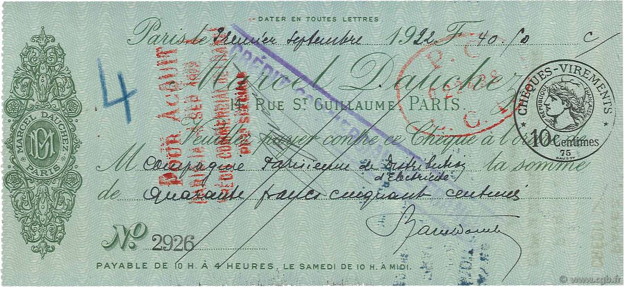 40,50 Francs FRANCE regionalism and miscellaneous Paris 1922 DOC.Chèque XF