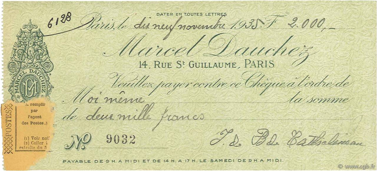 2000 Francs FRANCE regionalismo e varie Paris 1935 DOC.Chèque SPL