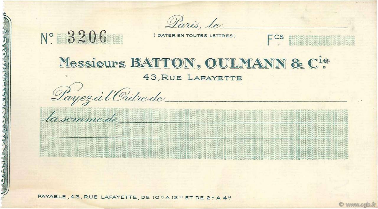 Francs FRANCE regionalism and miscellaneous Paris 1900 DOC.Chèque XF