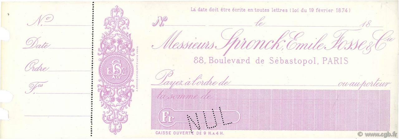 Francs Non émis FRANCE Regionalismus und verschiedenen Paris 1874 DOC.Chèque VZ