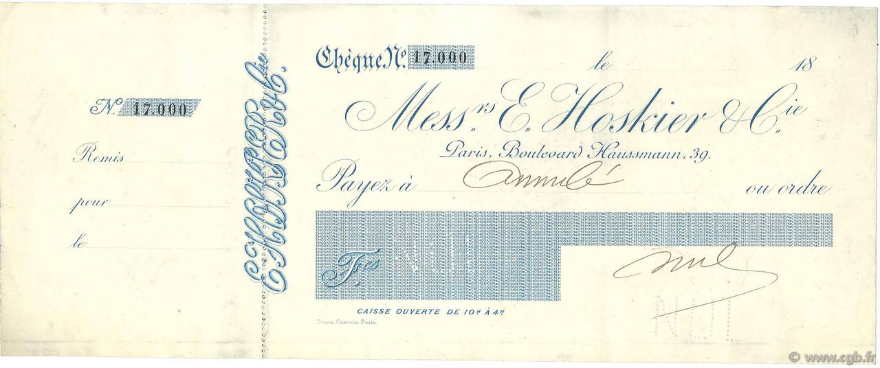 Francs Annulé FRANCE regionalism and various Paris 1865 DOC.Chèque VF
