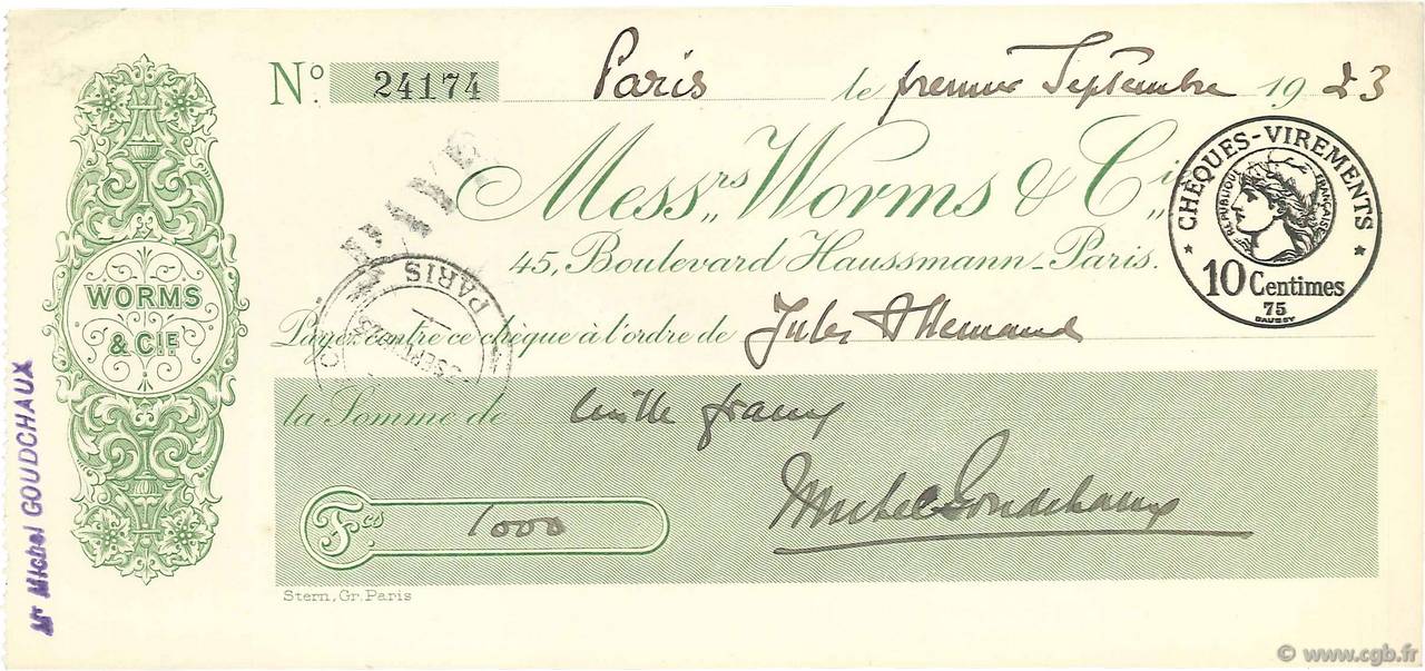 1000 Francs FRANCE régionalisme et divers Paris 1923 DOC.Chèque SUP