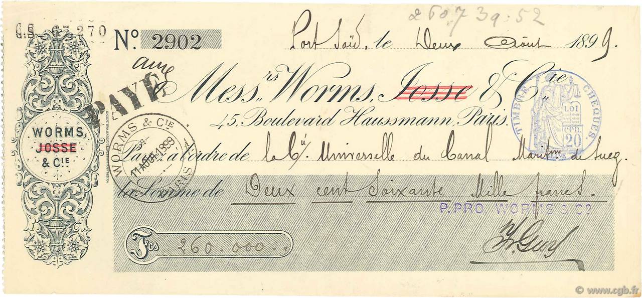 260000 Francs FRANCE régionalisme et divers Port Saïd 1899 DOC.Chèque SUP