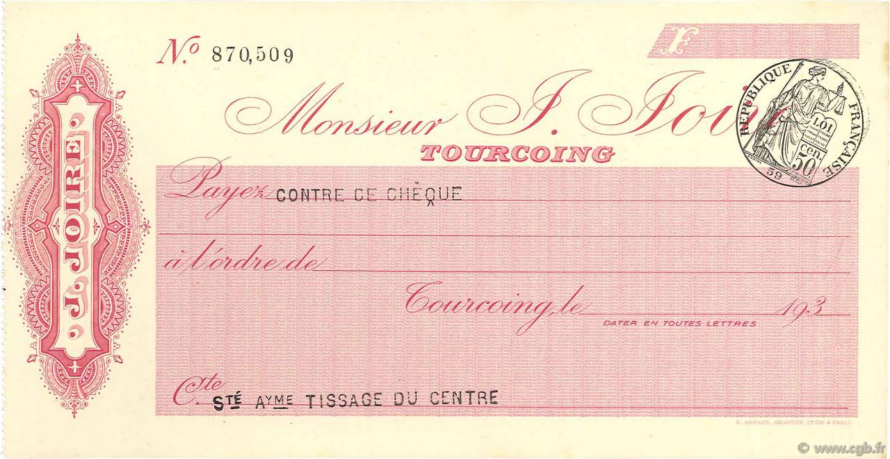 Francs FRANCE régionalisme et divers Tourcoing 1933 DOC.Chèque SPL