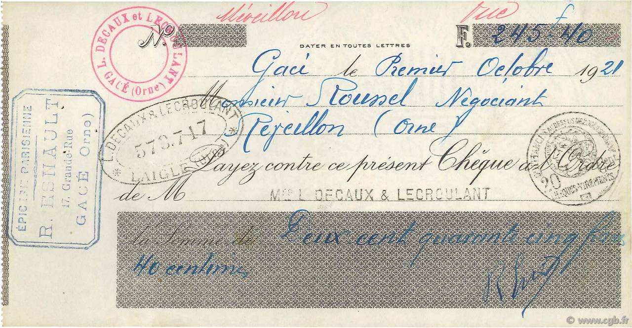 245,40 Francs FRANCE régionalisme et divers Réveillon 1921 DOC.Chèque SUP