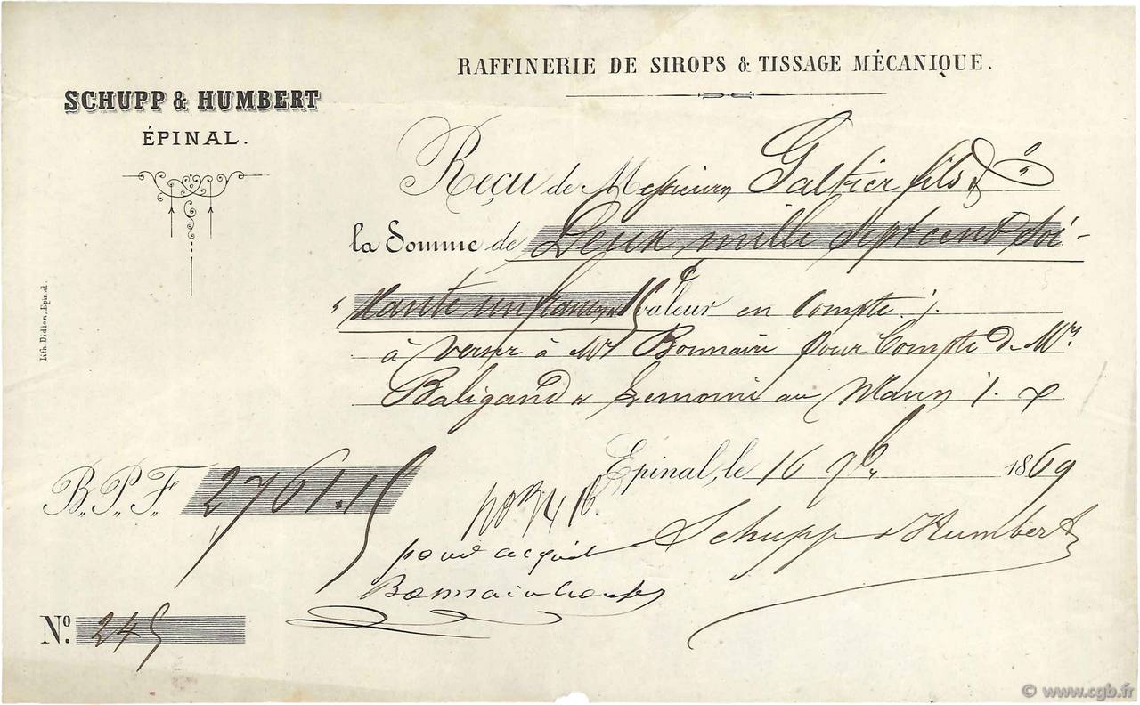 2761,15 Francs FRANCE régionalisme et divers Épinal 1869 DOC.Reçu TTB