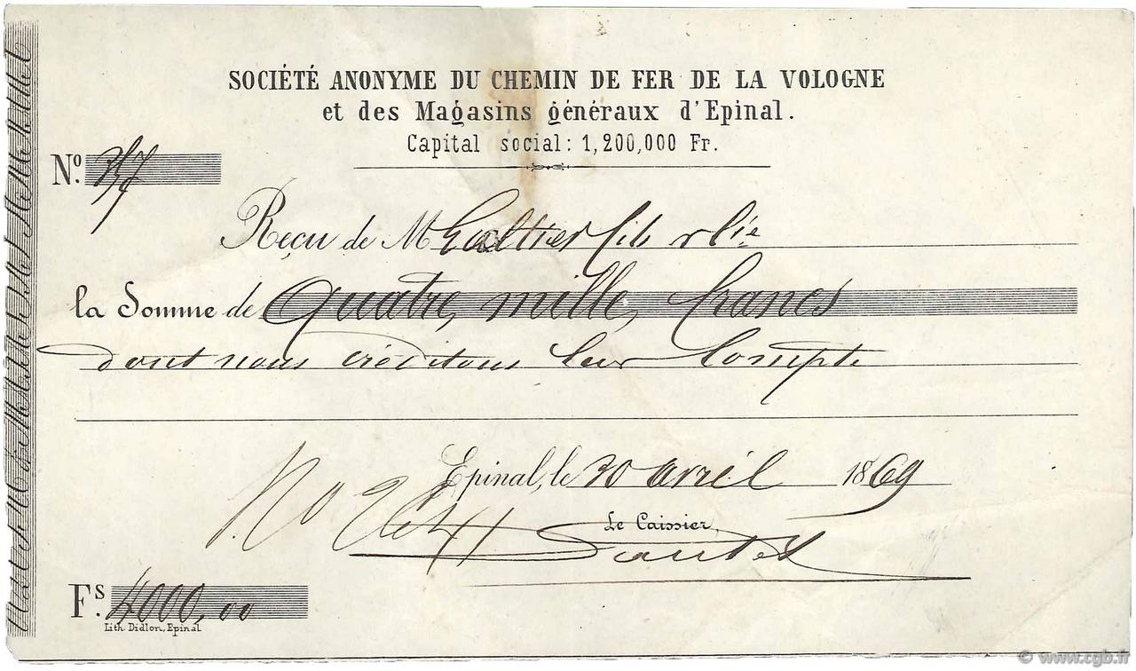 4000 Francs FRANCE regionalism and miscellaneous Épinal 1869 DOC.Reçu F