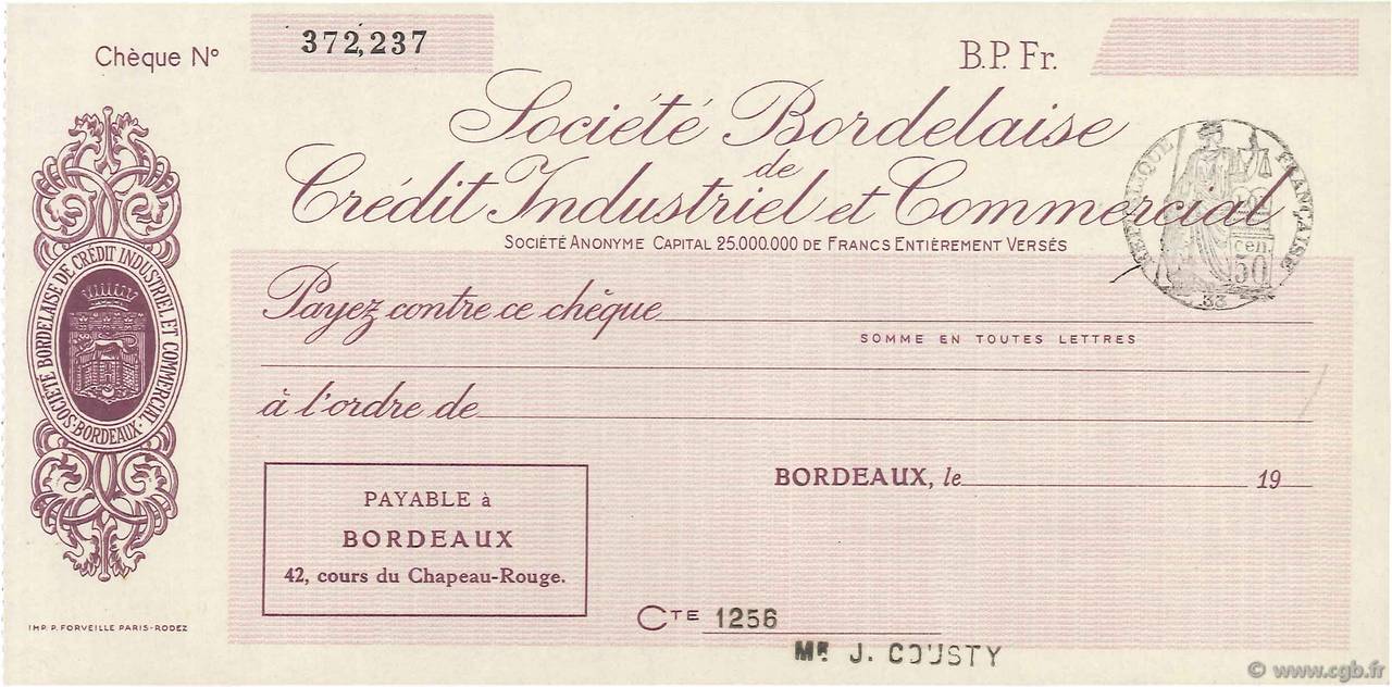 Francs FRANCE régionalisme et divers Bordeaux 1933 DOC.Chèque SPL