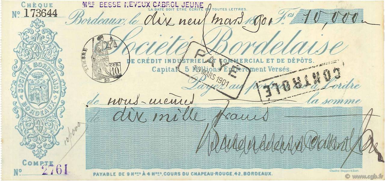 10000 Francs FRANCE régionalisme et divers Bordeaux 1901 DOC.Chèque SUP