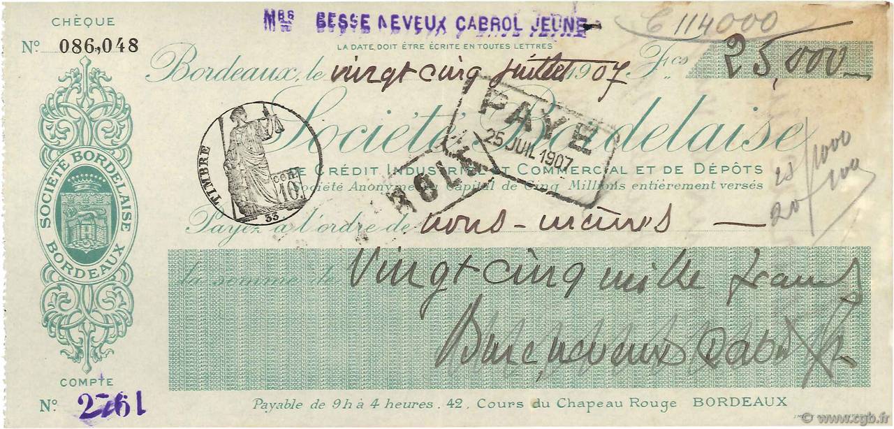 25000 Francs FRANCE regionalism and miscellaneous Bordeaux 1907 DOC.Chèque VF