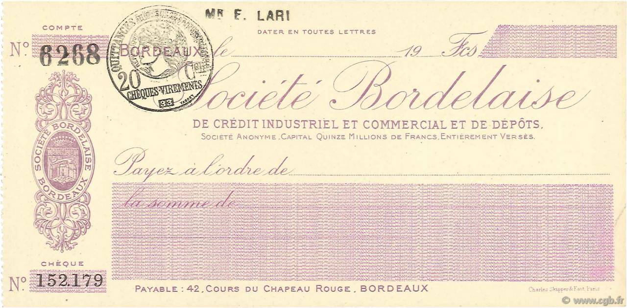 Francs FRANCE régionalisme et divers Bordeaux 1915 DOC.Chèque SPL