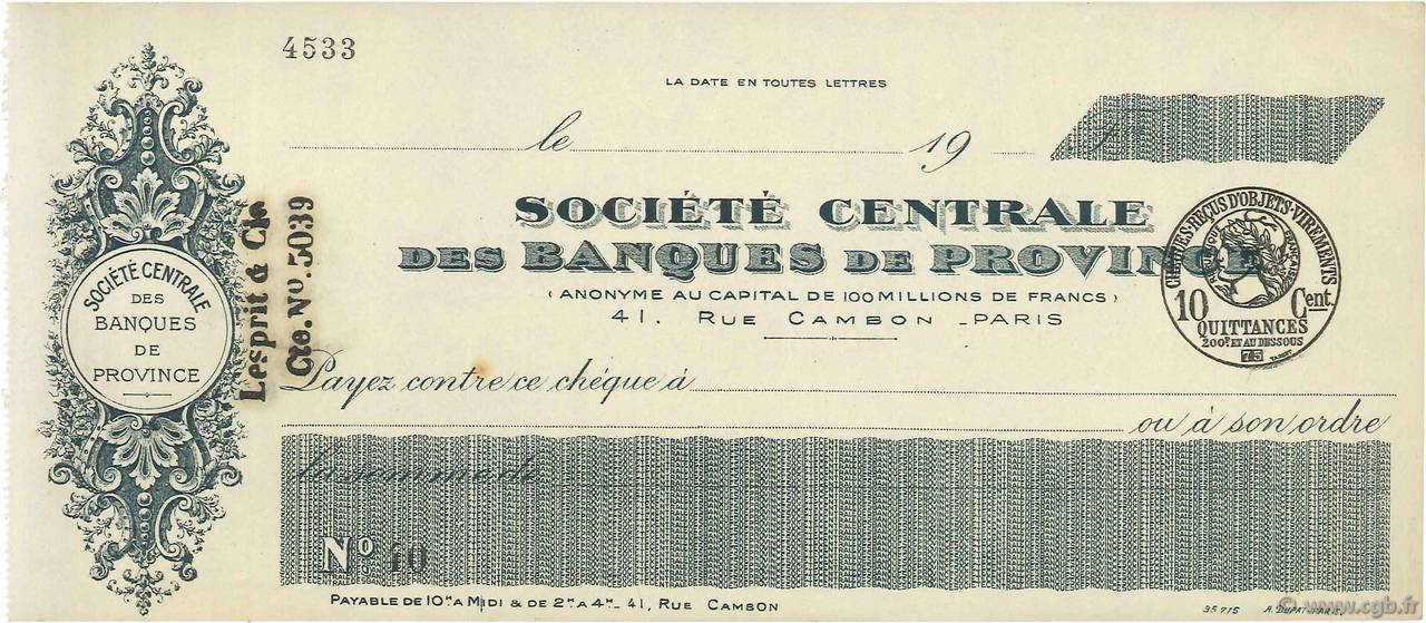 Francs FRANCE regionalismo e varie Paris 1915 DOC.Chèque SPL