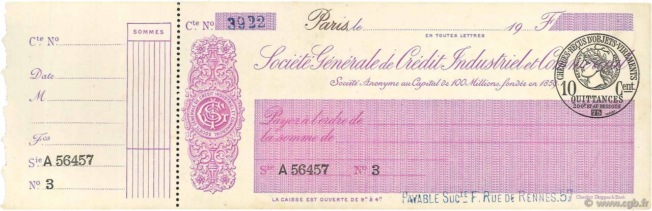 Francs FRANCE régionalisme et divers Paris 1915 DOC.Chèque SUP