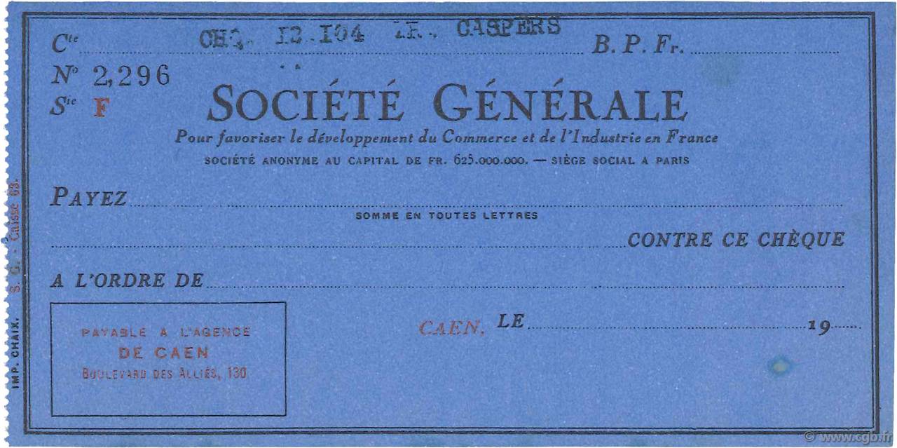 Francs FRANCE regionalismo e varie Caen 1930 DOC.Chèque SPL
