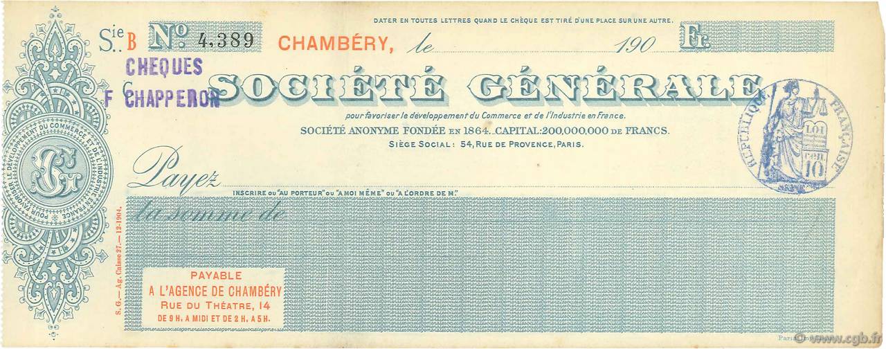 Francs FRANCE regionalismo y varios Chambéry 1900 DOC.Chèque EBC