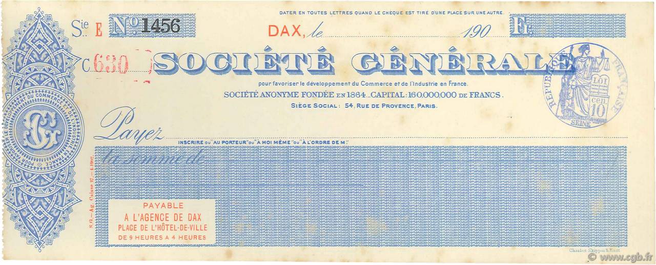 Francs FRANCE régionalisme et divers Dax 1900 DOC.Chèque SUP