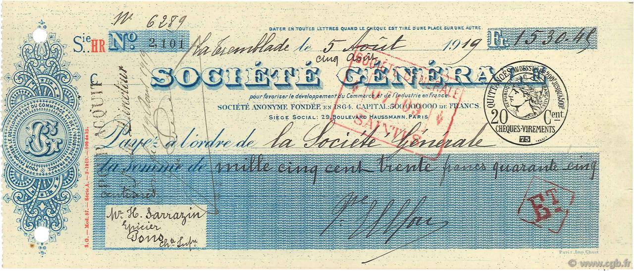 1530,45 Francs FRANCE régionalisme et divers La Tremblade 1919 DOC.Chèque SUP