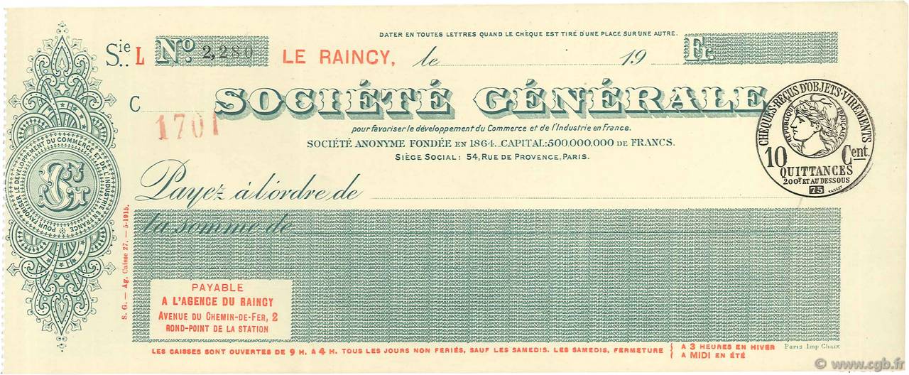 Francs FRANCE régionalisme et divers Le Raincy 1915 DOC.Chèque SUP