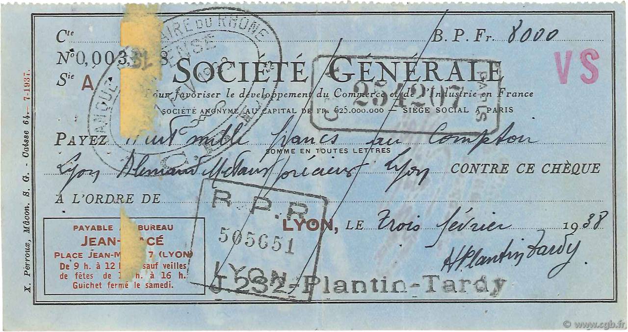8000 Francs FRANCE régionalisme et divers Lyon 1938 DOC.Chèque TTB