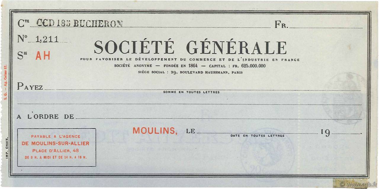 Francs FRANCE regionalismo y varios Moulins 1924 DOC.Chèque EBC