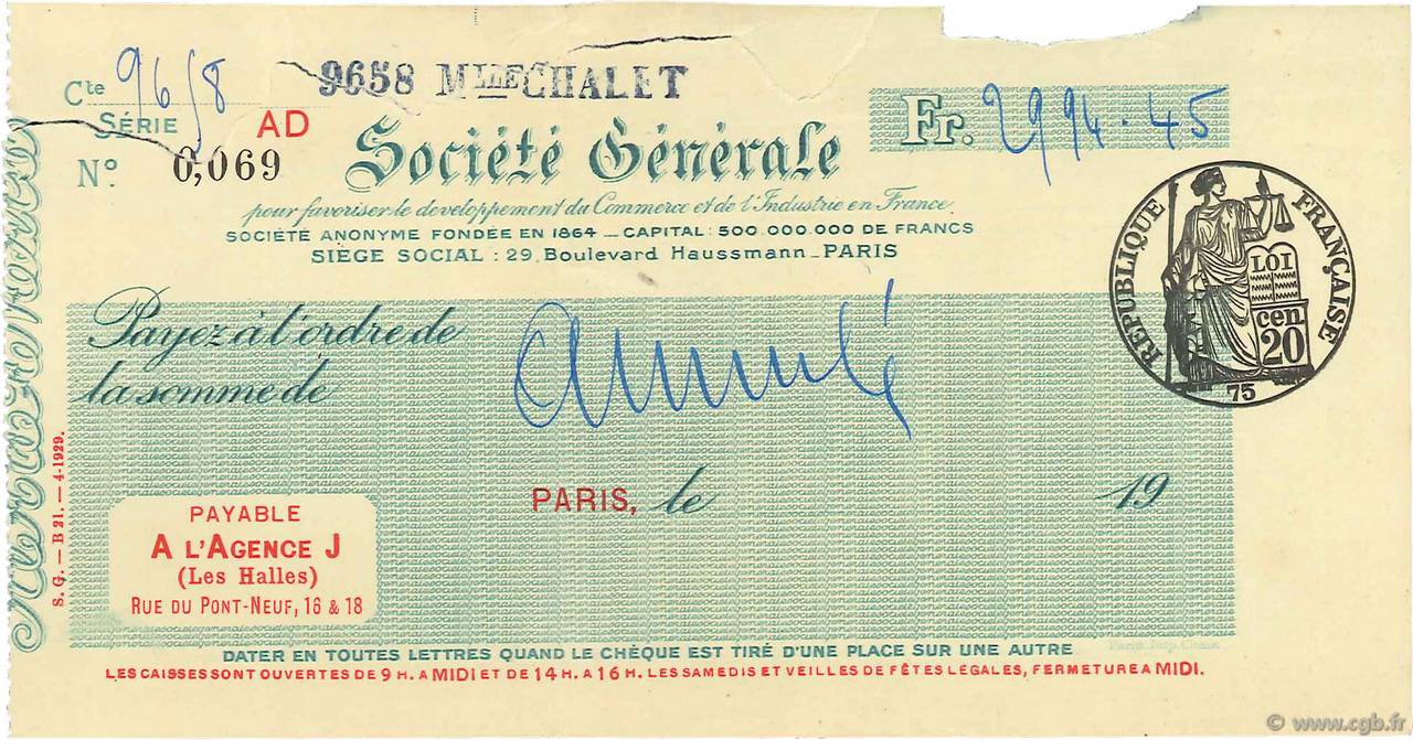 2994,45 Francs Annulé FRANCE regionalismo y varios Paris 1924 DOC.Chèque MBC