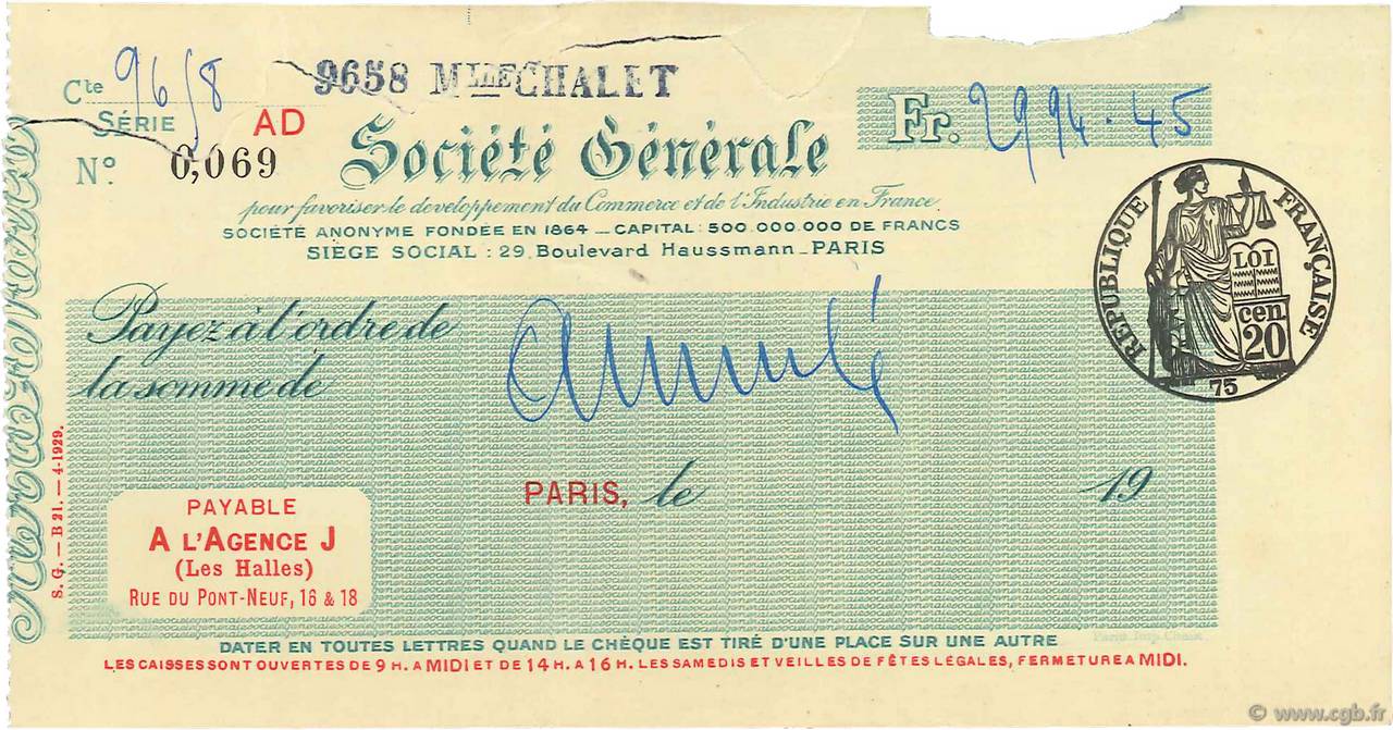 2994,45 Francs Annulé FRANCE regionalismo e varie Paris 1924 DOC.Chèque BB