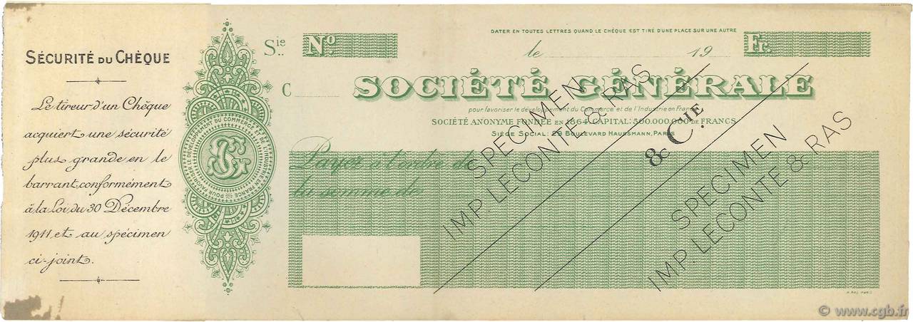 Francs Spécimen FRANCE régionalisme et divers Paris 1928 DOC.Chèque SUP