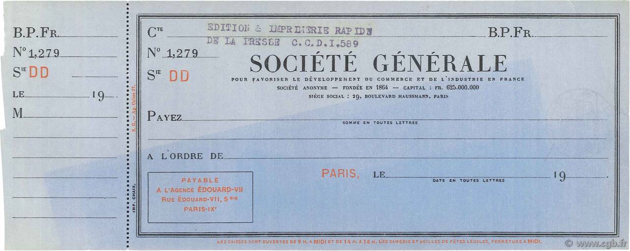 Francs FRANCE regionalismo y varios Paris 1933 DOC.Chèque EBC