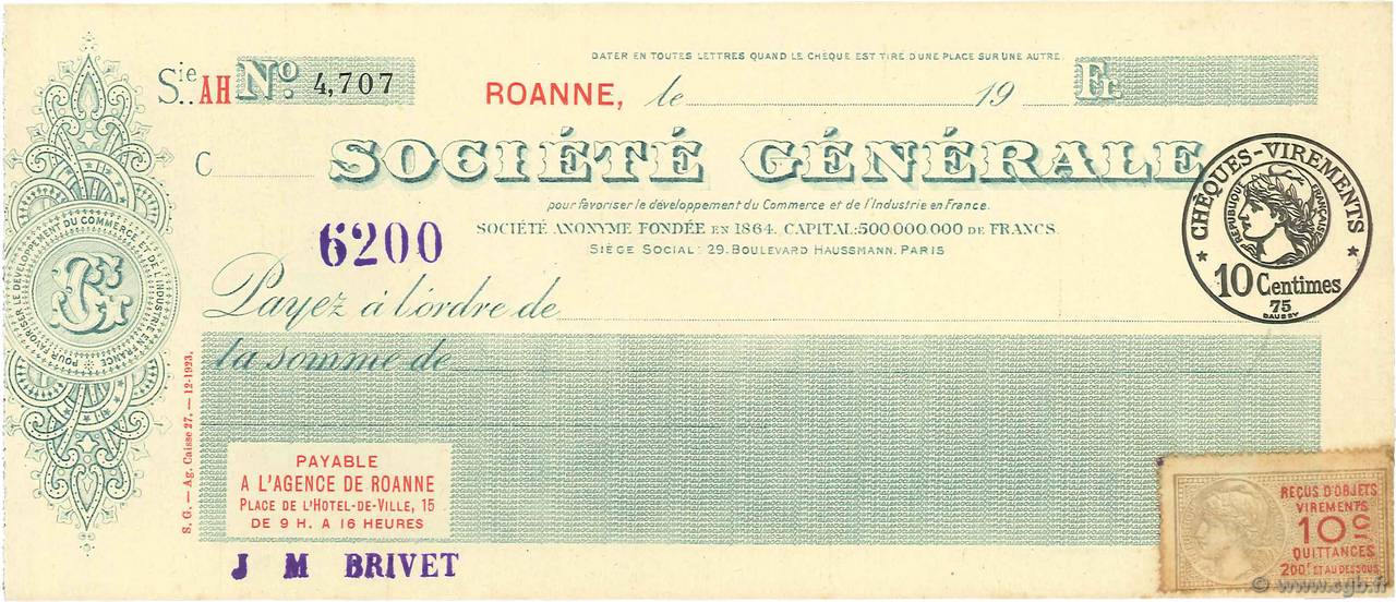 Francs FRANCE Regionalismus und verschiedenen Roanne 1923 DOC.Chèque VZ