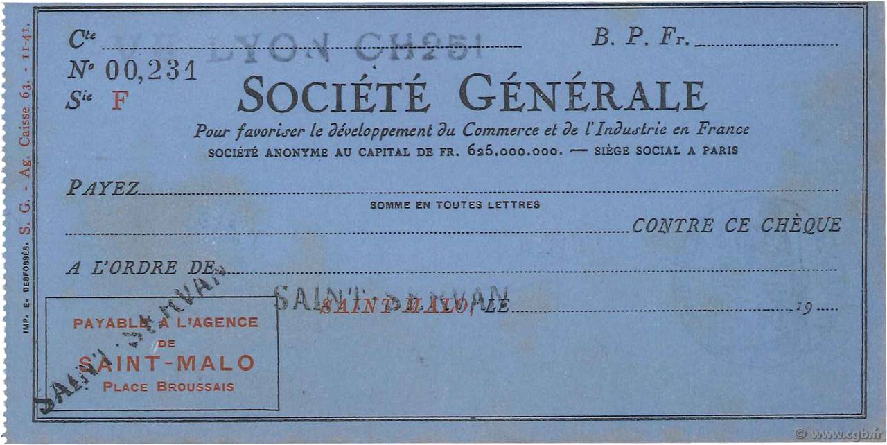 Francs FRANCE Regionalismus und verschiedenen Saint-Malo 1933 DOC.Chèque SS